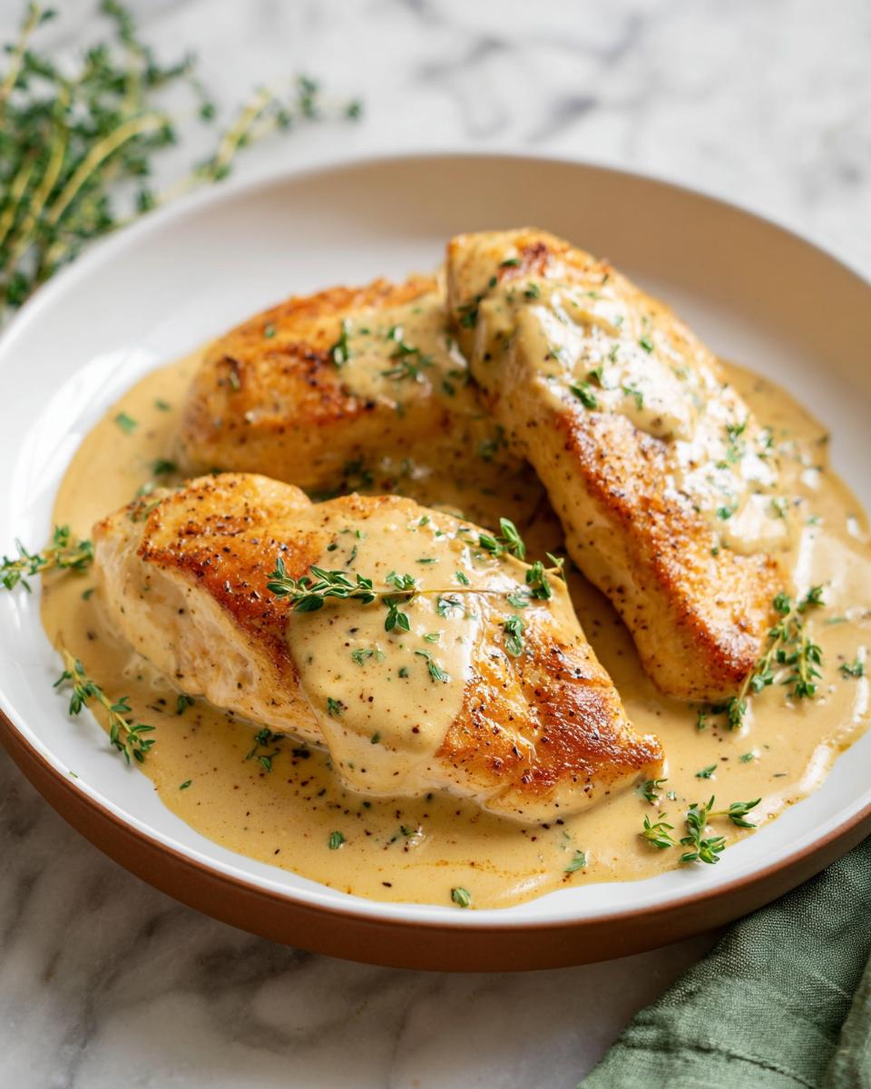 Three golden-brown chicken breasts smothered in a rich, creamy Dijon mustard sauce and garnished with fresh thyme.
