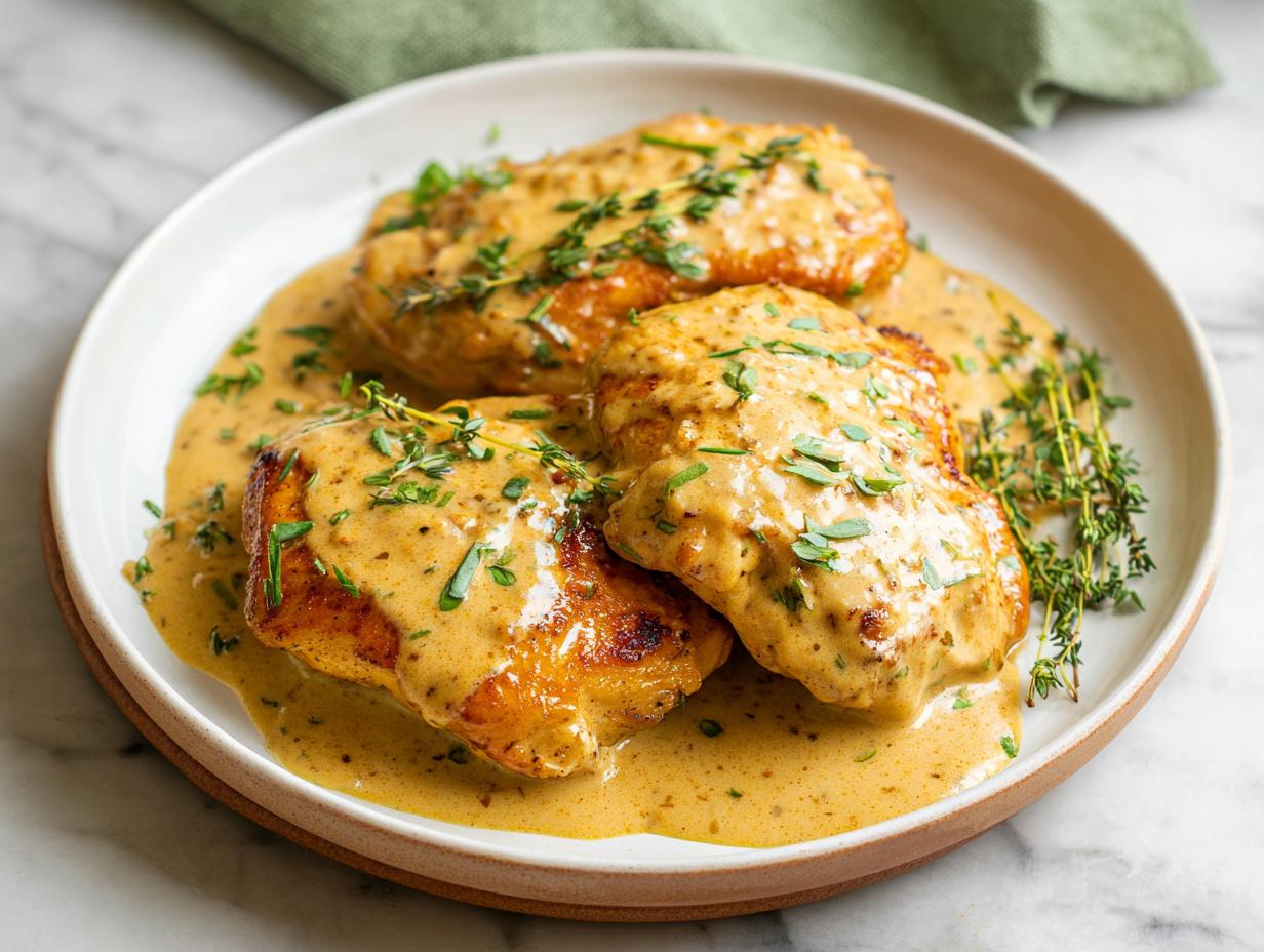 Three golden-brown chicken breasts smothered in a rich, creamy Dijon mustard sauce and garnished with fresh thyme.
