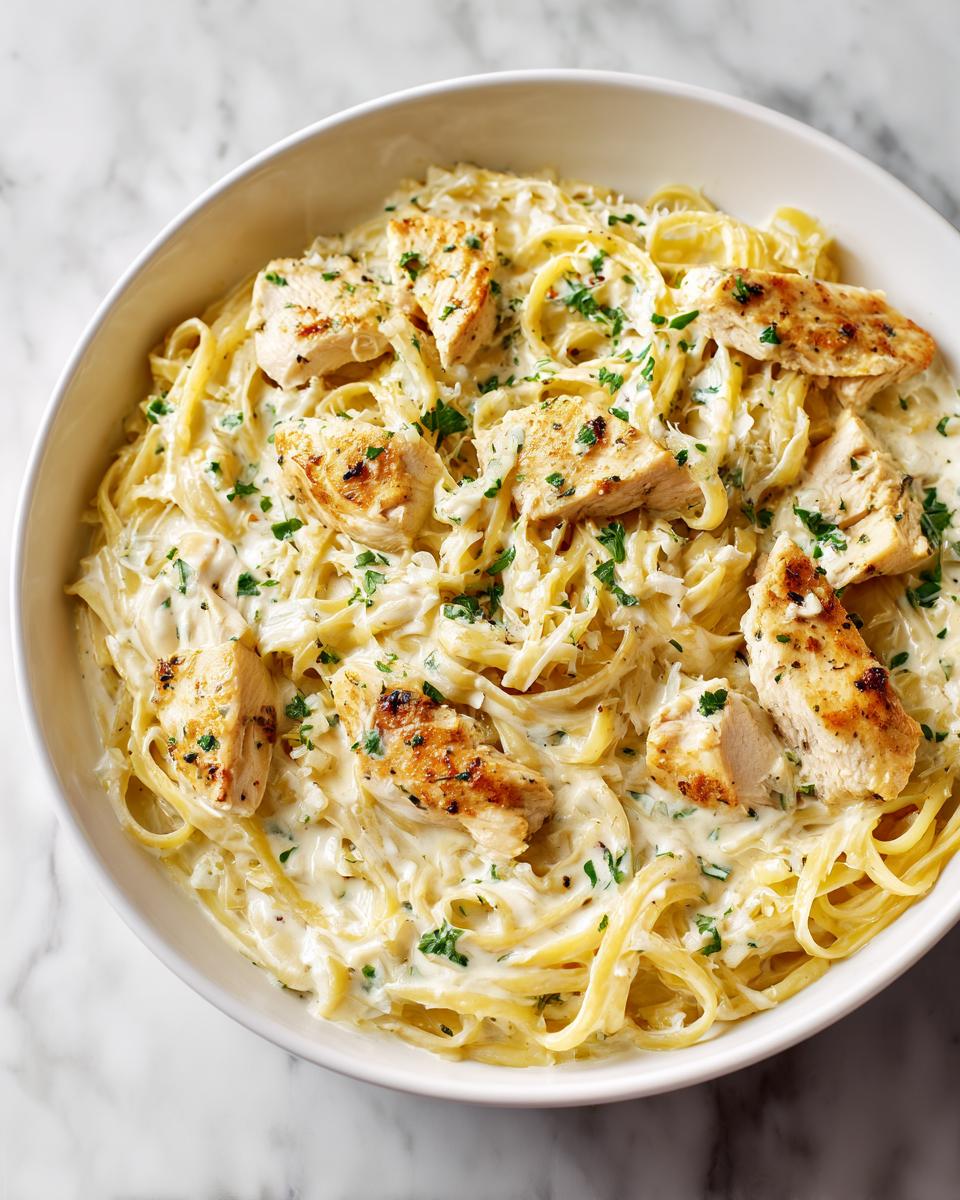 Close-up of a white bowl filled with Creamy Garlic Chicken Pasta, topped with grilled chicken pieces and fresh parsley.