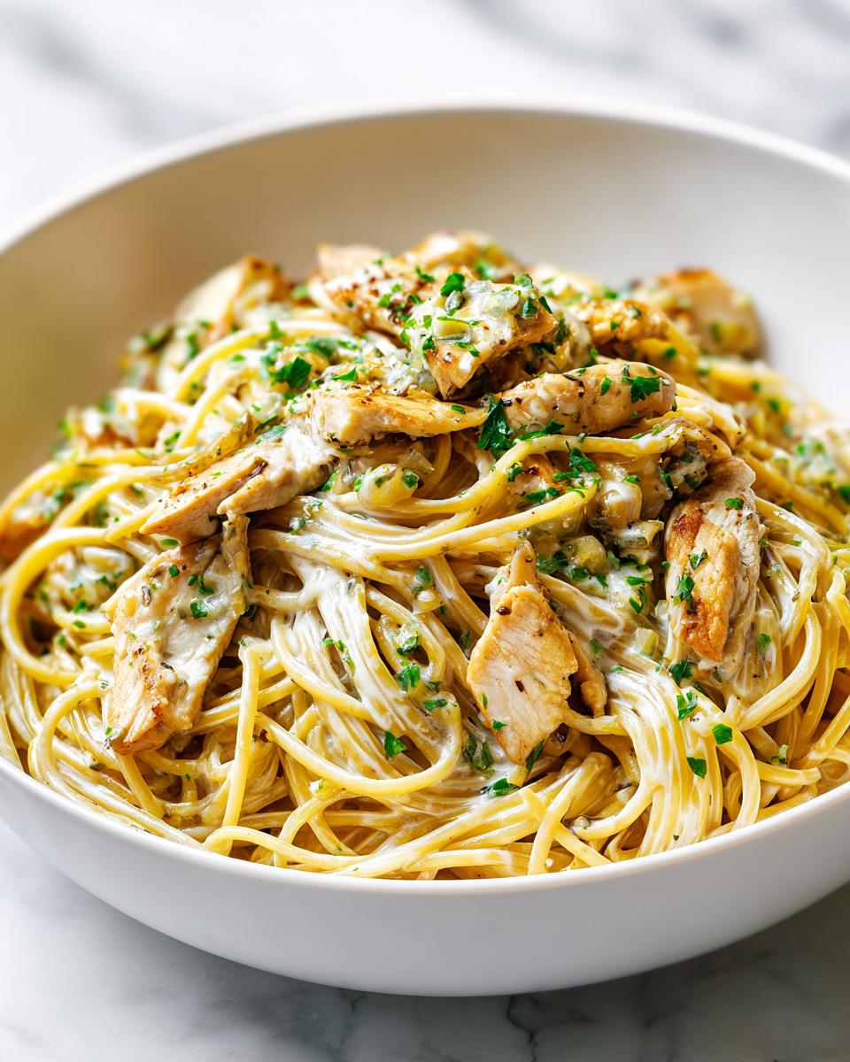 A close-up of a white bowl filled with Creamy Garlic Chicken Pasta, topped with sliced chicken and fresh parsley.