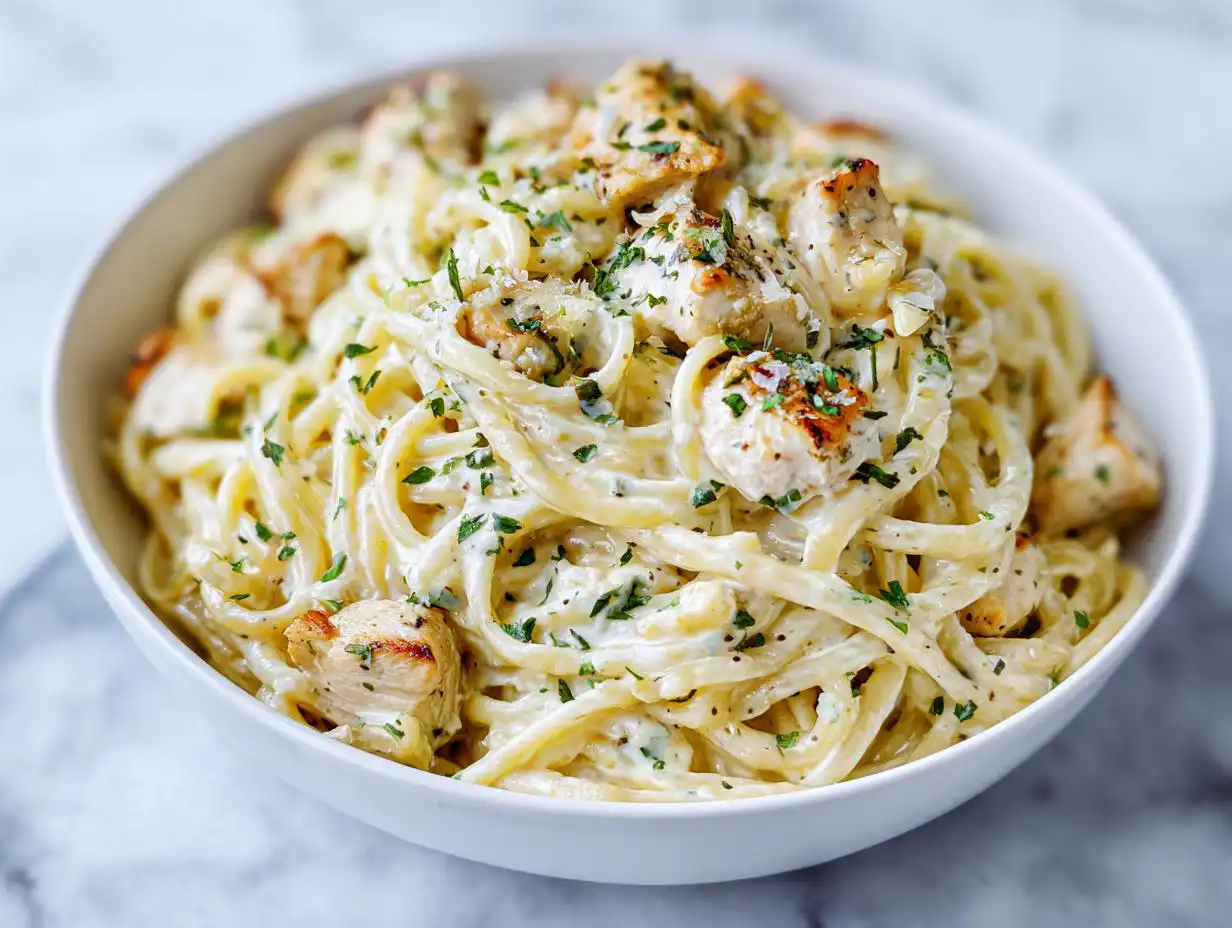 Close-up of a white bowl filled with rich Creamy Garlic Chicken Pasta, topped with herbs.