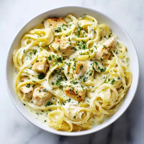 Top-down view of a white bowl filled with Creamy Garlic Chicken Pasta, featuring fettuccine, chicken pieces, and parsley garnish.