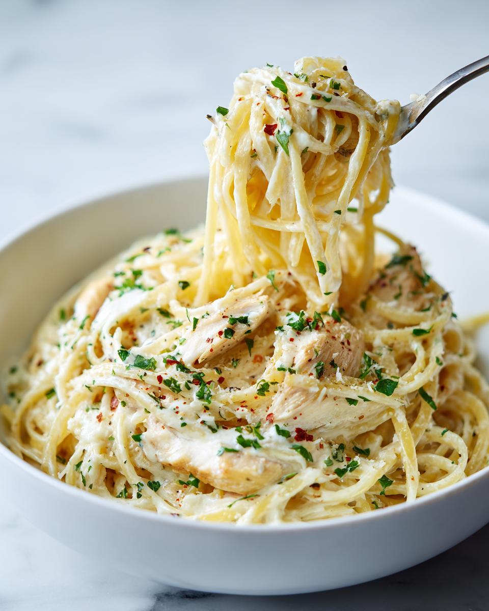 A fork lifts a generous portion of creamy garlic chicken pasta from a white bowl, garnished with parsley and red pepper flakes.