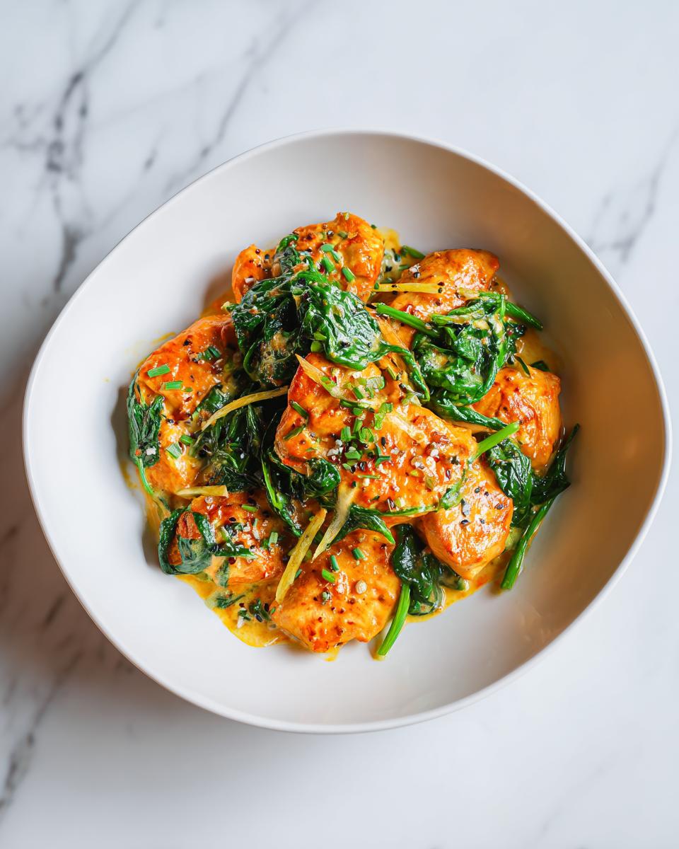 A white bowl filled with creamy salmon pieces and wilted spinach, perfect for 20 Minute Summer Dinner Ideas.