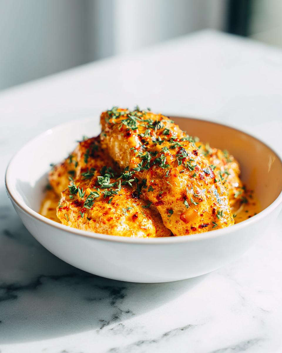 Close-up of creamy, orange-sauced chicken pieces topped with fresh green herbs, perfect for Summer Dinner Easy Recipes.