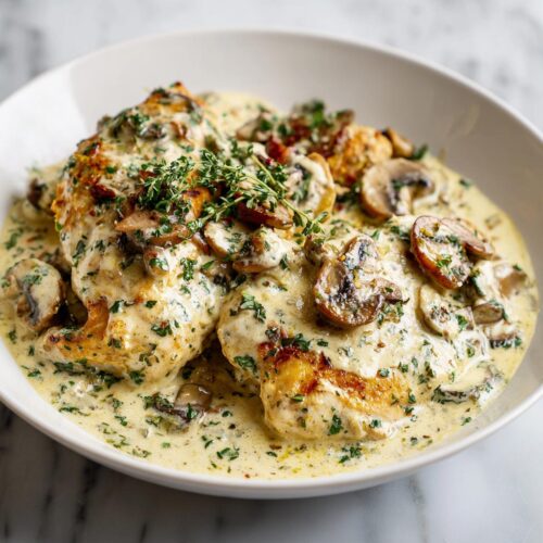 Two golden chicken breasts smothered in a rich, creamy sauce with sliced mushrooms and fresh herbs, part of the Creamy Summer Chicken Skillet.