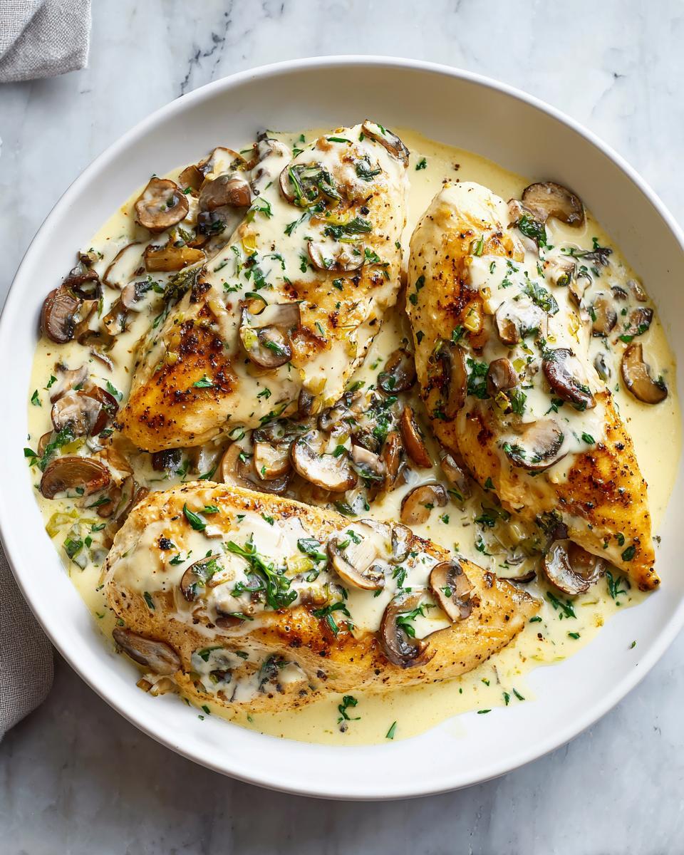 Three golden-brown chicken breasts smothered in a creamy mushroom sauce, part of the Creamy Summer Chicken Skillet.