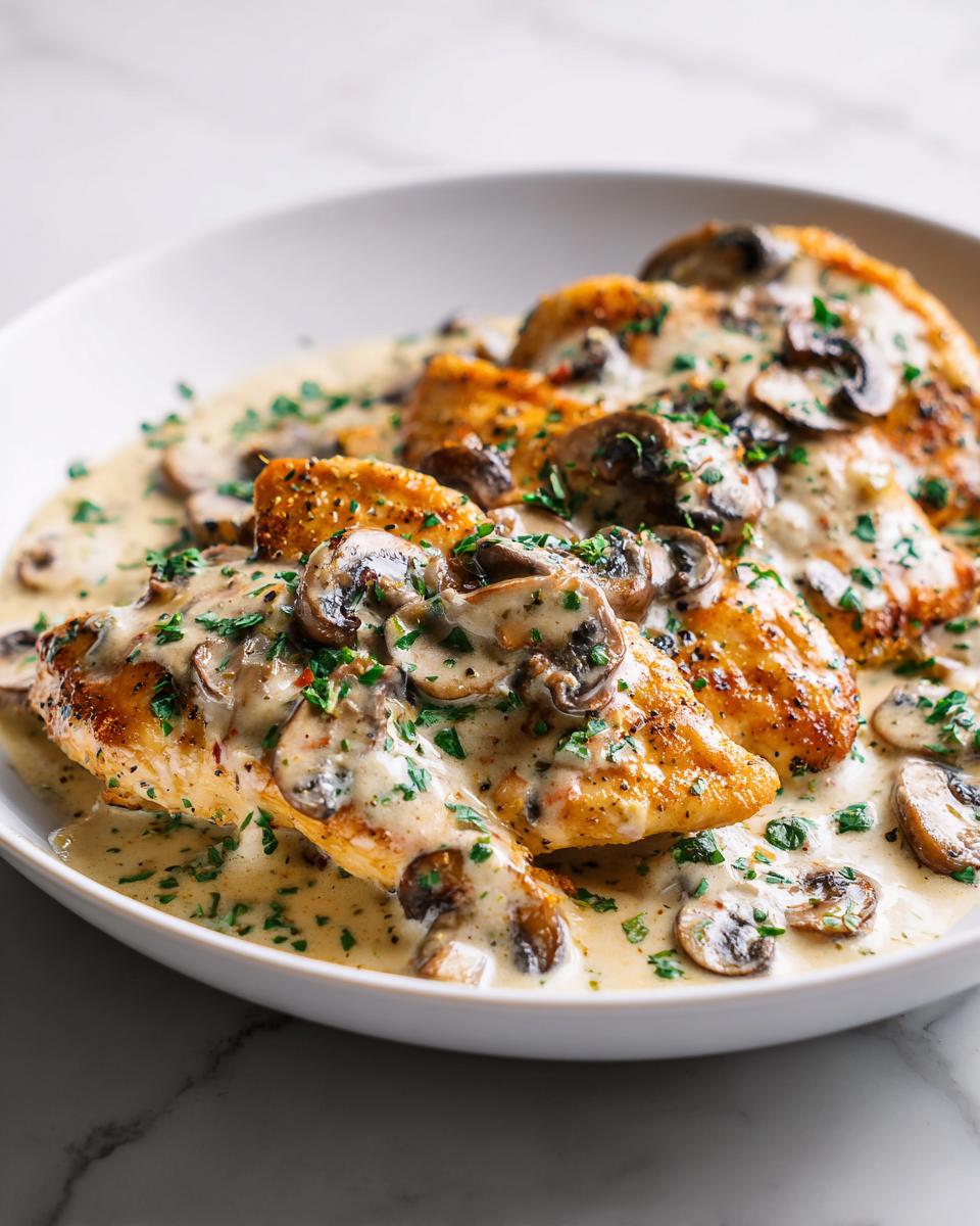 Close-up of golden-brown chicken breasts smothered in a creamy mushroom sauce, part of the Creamy Summer Chicken Skillet recipe.