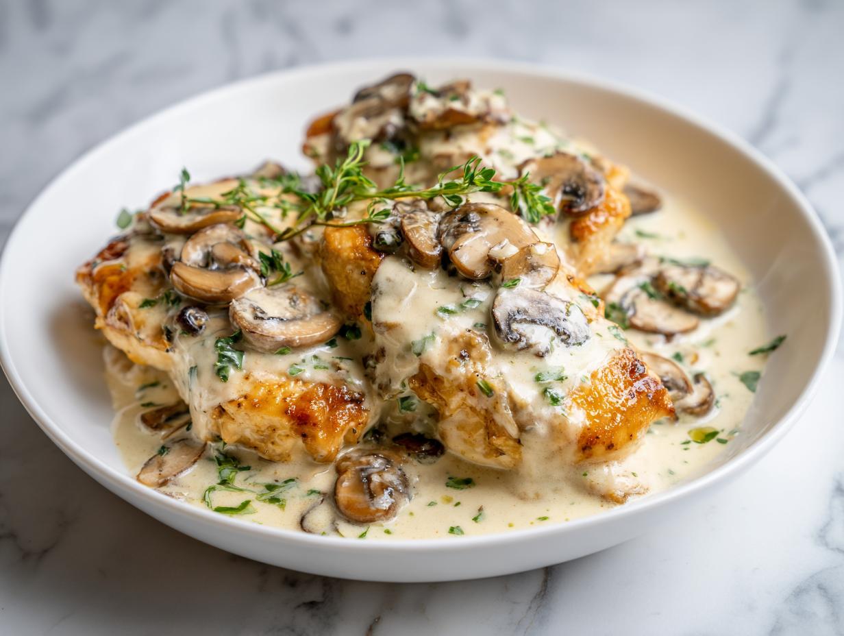 Golden seared chicken breasts smothered in a rich, creamy mushroom sauce, ready for the Creamy Summer Chicken Skillet.