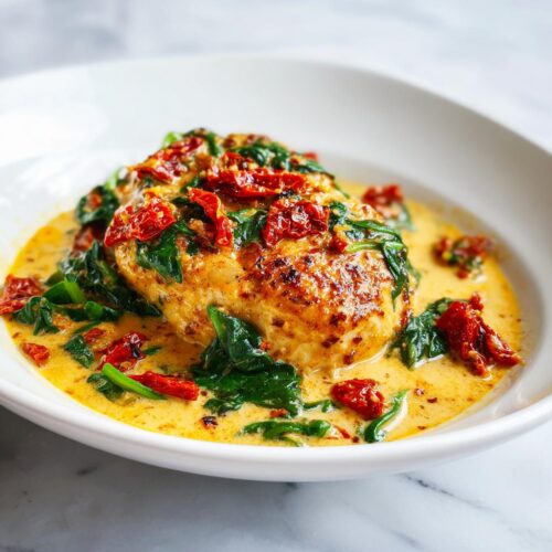 A perfectly cooked piece of Creamy Tuscan Chicken smothered in rich sauce, spinach, and sun-dried tomatoes.