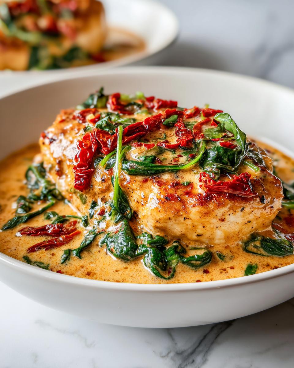 A perfectly cooked piece of Creamy Tuscan Chicken smothered in rich, orange-hued sauce with spinach and sun-dried tomatoes.