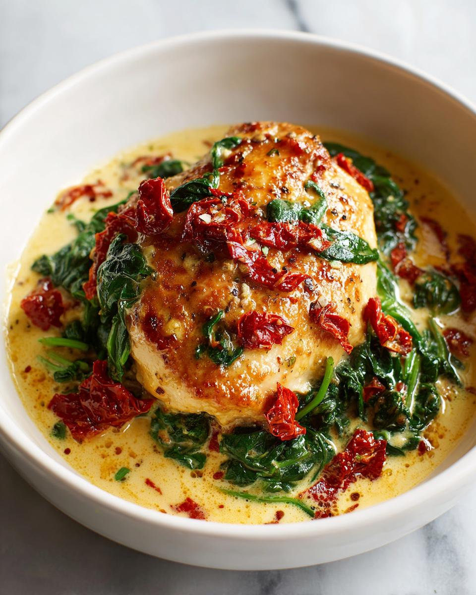A close-up of a golden-brown chicken breast served in a rich, creamy sauce with wilted spinach and sun-dried tomatoes: Creamy Tuscan Chicken.