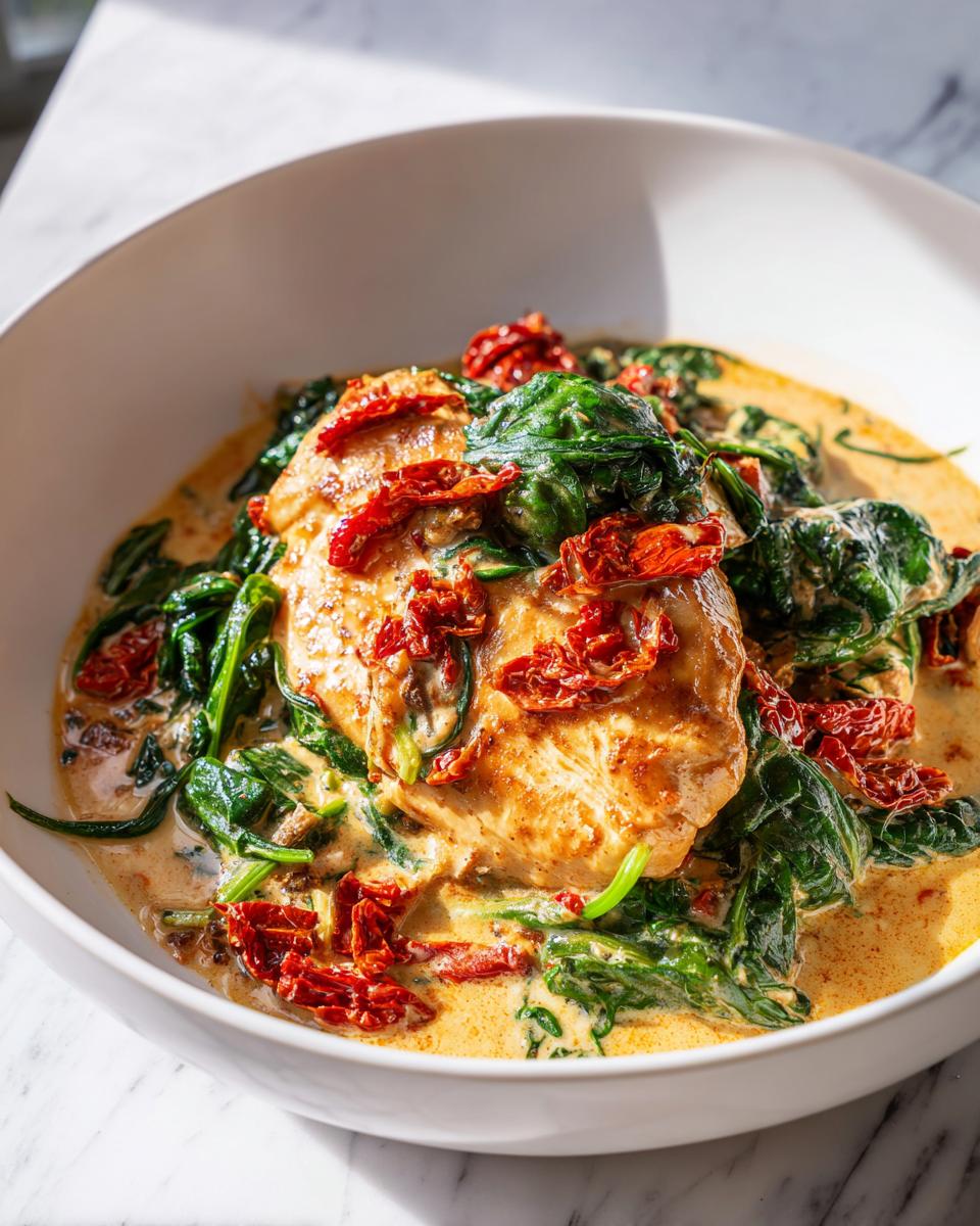 A close-up of a perfectly cooked chicken breast smothered in a creamy sauce with spinach and sun-dried tomatoes: Creamy Tuscan Chicken.