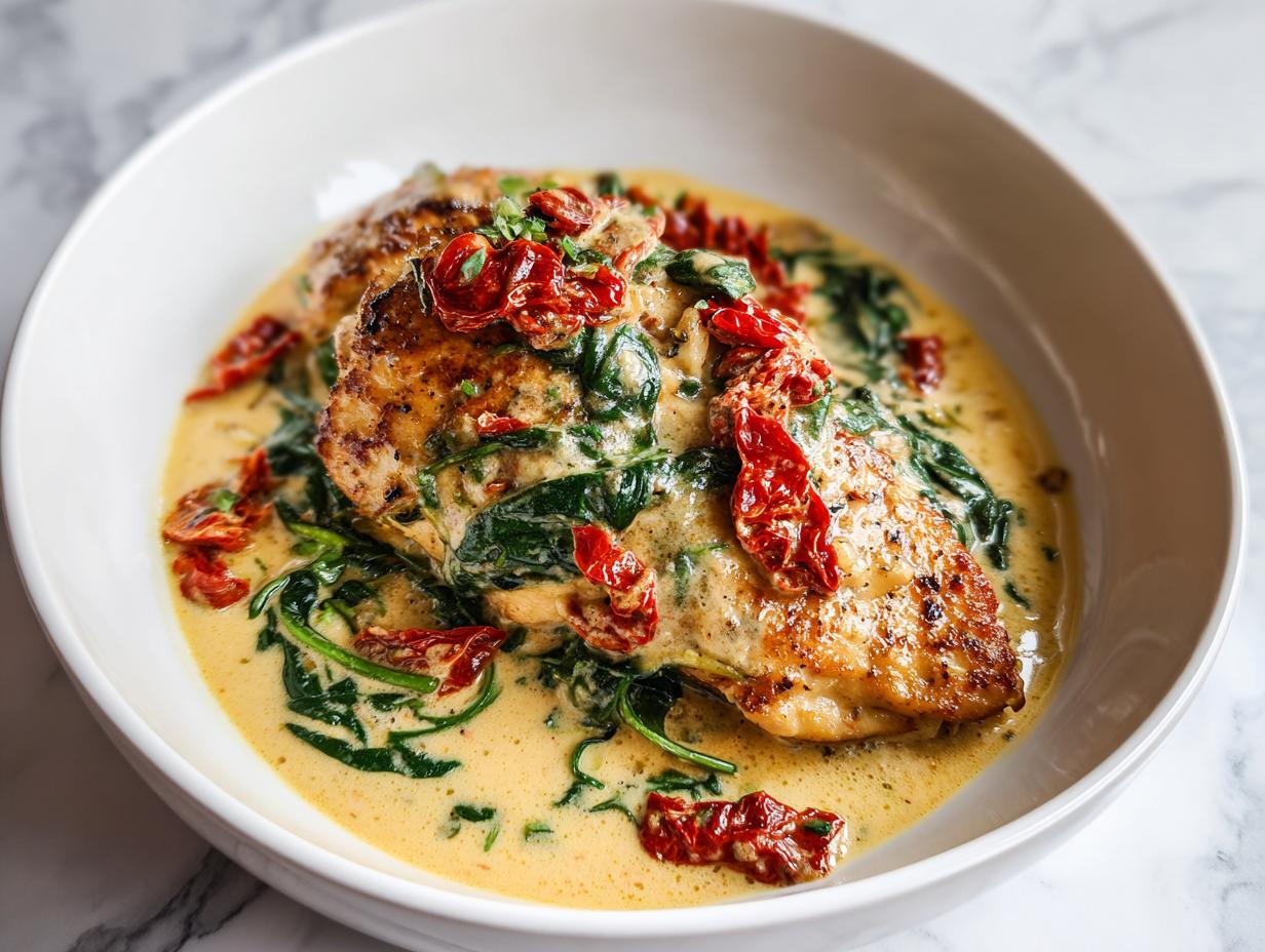A perfectly seared chicken breast smothered in a rich, creamy sauce with spinach and sun-dried tomatoes: Creamy Tuscan Chicken.
