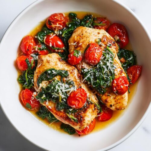 Two pan-seared chicken breasts topped with wilted spinach, roasted cherry tomatoes, and grated Parmesan cheese, perfect for Summer Dinner Ideas Easy Chicken.