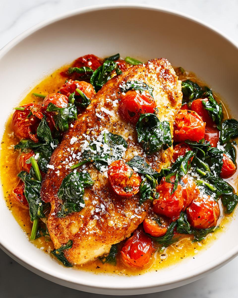 Pan-seared chicken breast topped with wilted spinach, blistered cherry tomatoes, and grated parmesan, perfect for Summer Dinner Ideas Easy Chicken.
