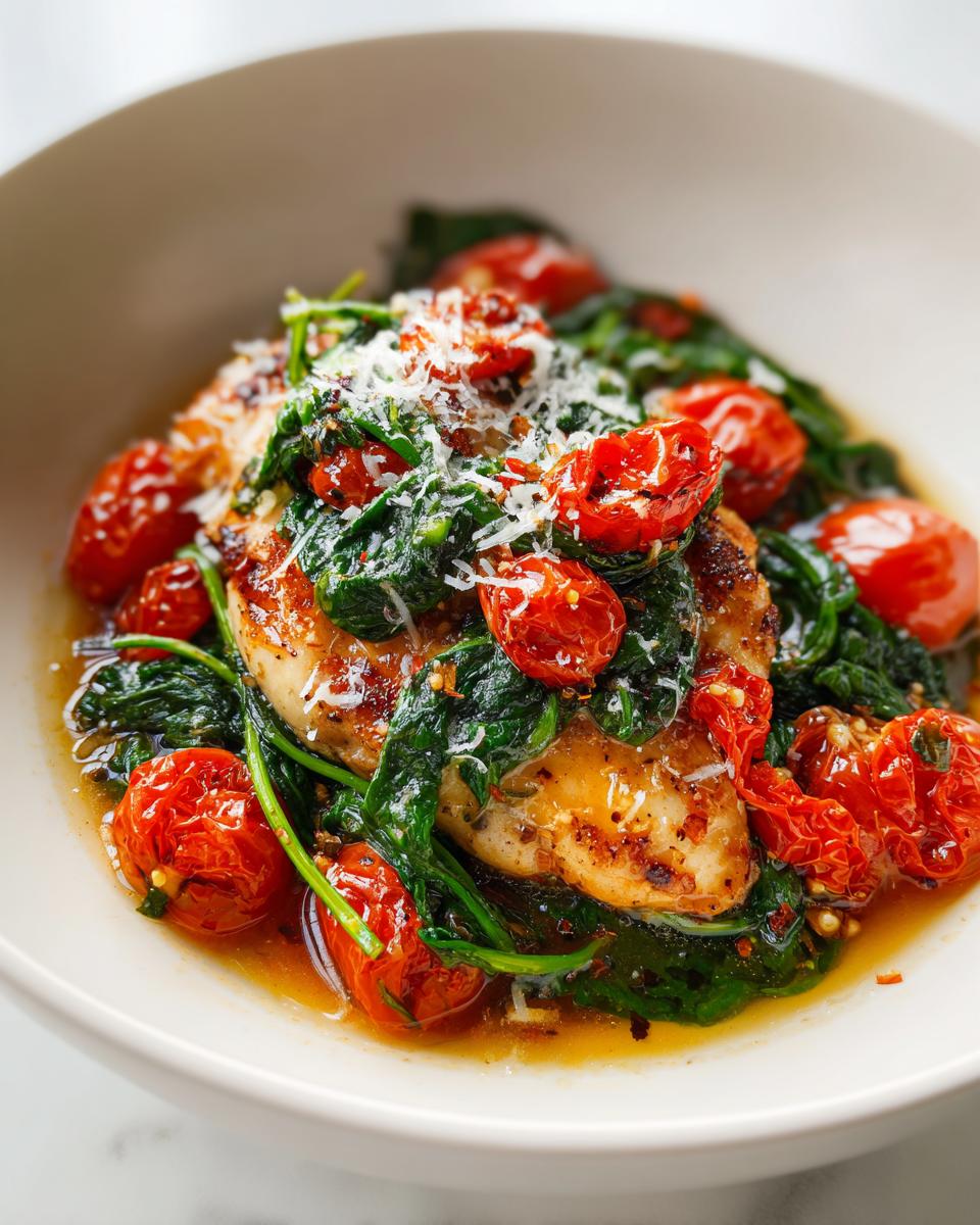 Pan-seared chicken breast topped with wilted spinach, roasted cherry tomatoes, and grated Parmesan cheese, perfect for Summer Dinner Ideas Easy Chicken.