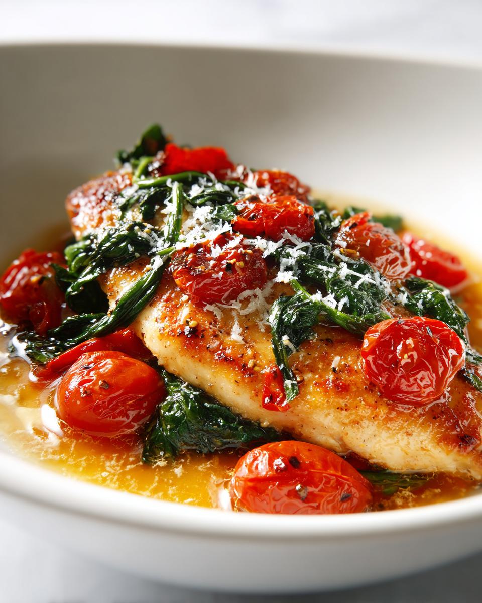 Seared chicken breast topped with wilted spinach, roasted cherry tomatoes, and grated parmesan, perfect for Summer Dinner Ideas Easy Chicken.