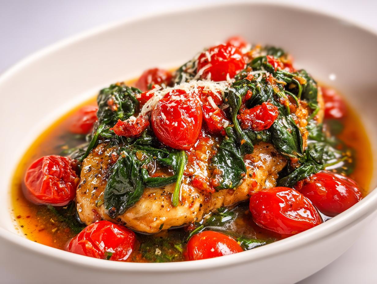 A piece of pan-seared chicken topped with wilted spinach, bright red cherry tomatoes, and grated cheese, served in a light sauce. Great for Summer Dinner Ideas Easy Chicken.