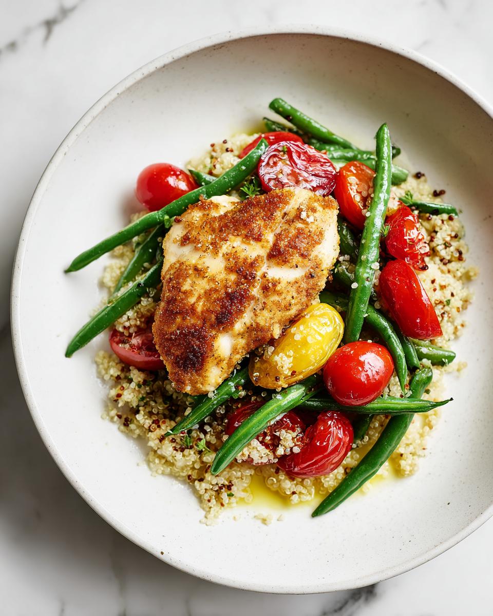 A perfectly cooked fish fillet served over quinoa with green beans and cherry tomatoes, ideal for an Easy Healthy Summer Dinner.