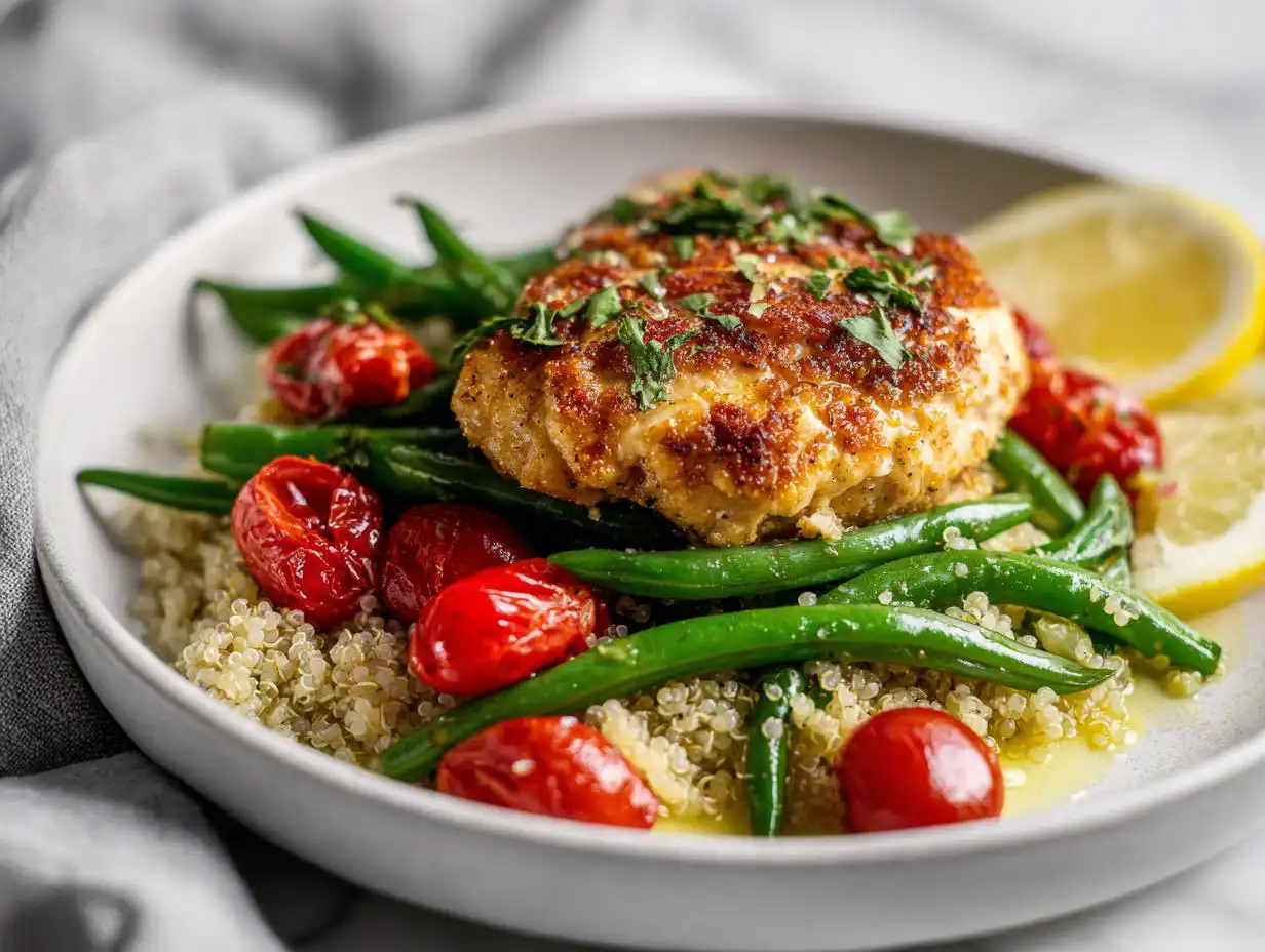 A perfectly seared patty served over quinoa, green beans, and roasted tomatoes, representing an Easy Healthy Summer Dinner.