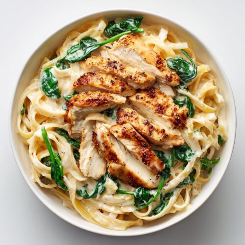 Overhead view of a bowl of Easy Summer Chicken Alfredo featuring fettuccine, creamy sauce, spinach, and sliced, seasoned chicken breast.