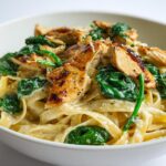 Close-up of Easy Summer Chicken Alfredo featuring fettuccine pasta, creamy sauce, grilled chicken pieces, and wilted spinach.