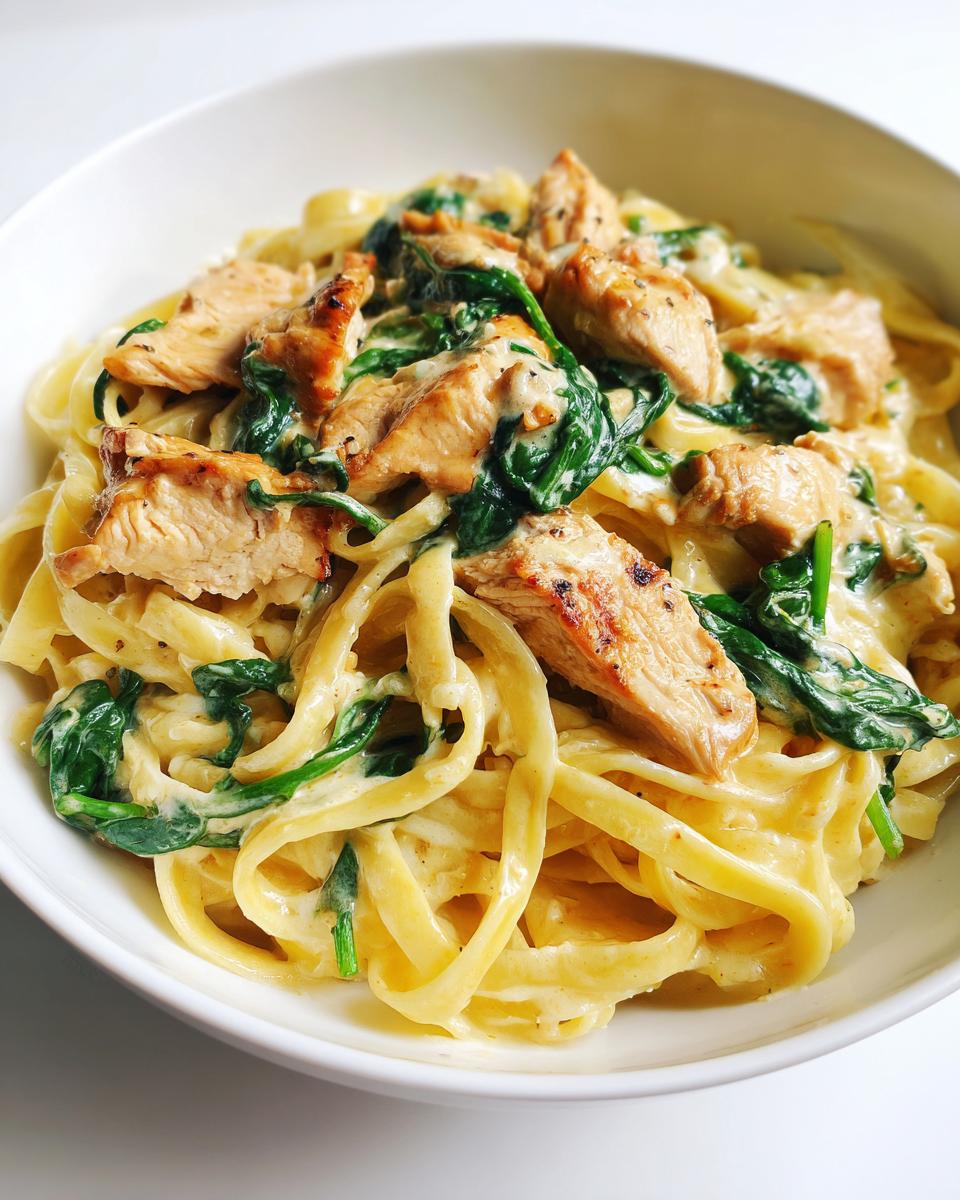 Close-up of a white bowl filled with Easy Summer Chicken Alfredo featuring fettuccine, grilled chicken pieces, and wilted spinach in a creamy sauce.