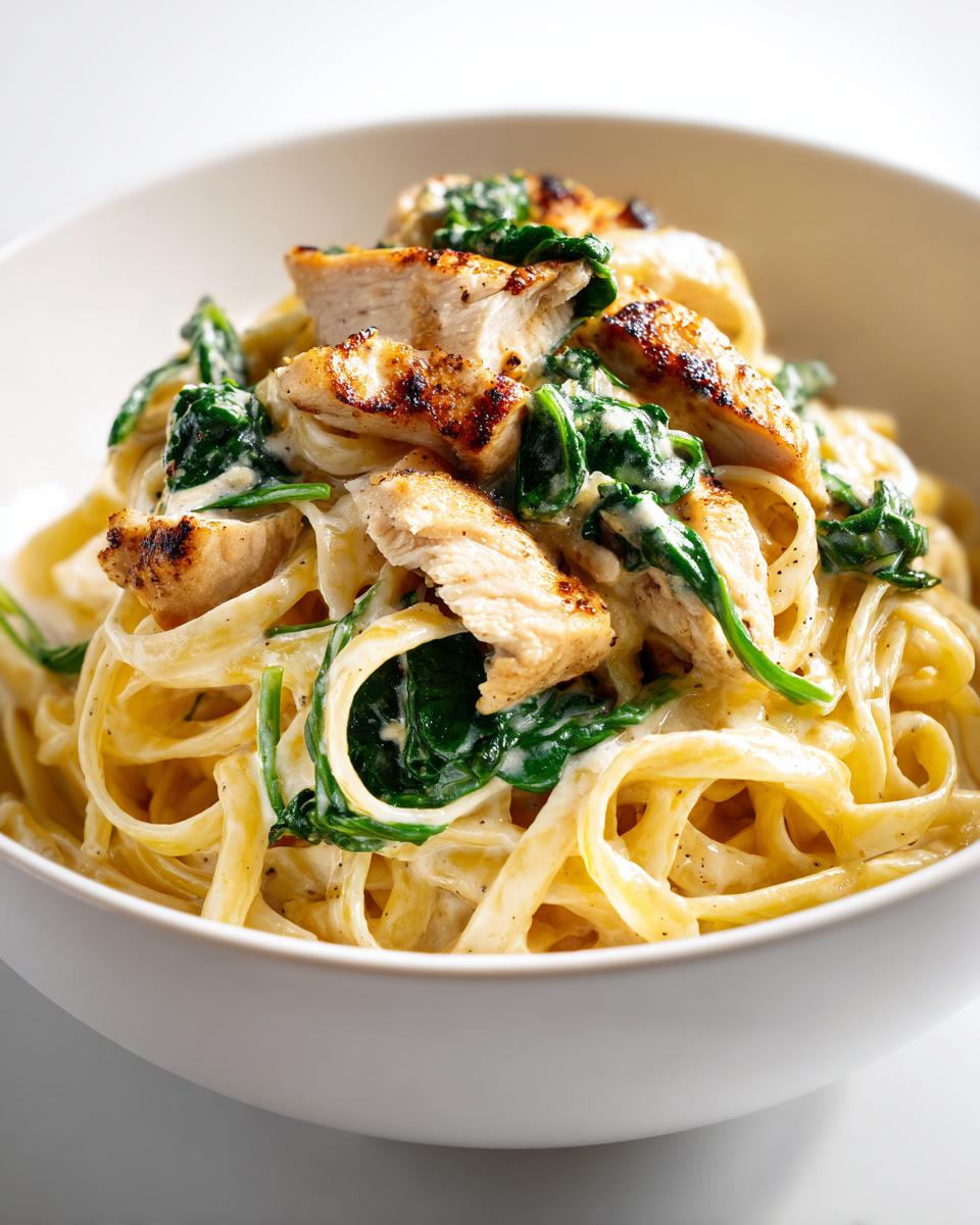 Close-up of a white bowl filled with Easy Summer Chicken Alfredo pasta, topped with grilled chicken slices and wilted spinach.