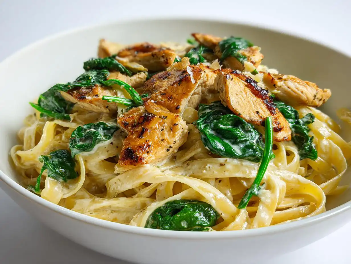 Close-up of Easy Summer Chicken Alfredo featuring fettuccine pasta, creamy sauce, grilled chicken pieces, and wilted spinach.