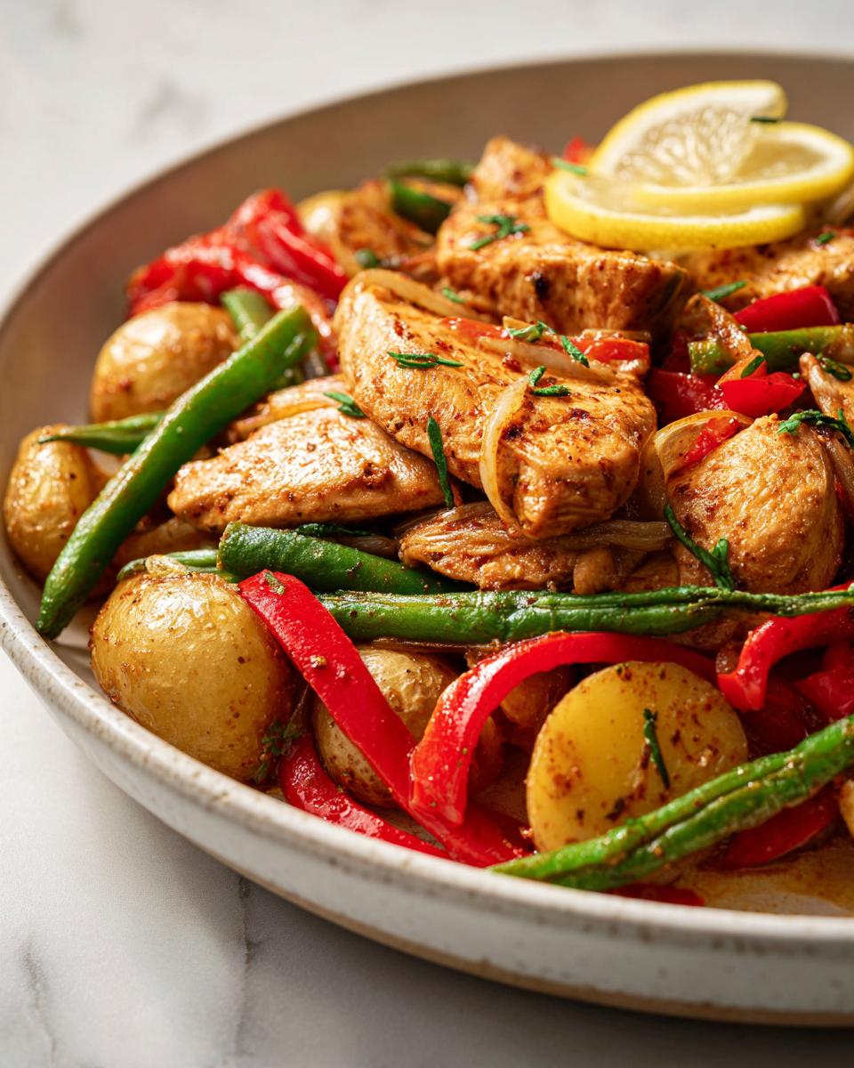 Close-up of Easy Summer Chicken Dinner with seasoned chicken, roasted potatoes, green beans, and red peppers, garnished with lemon.