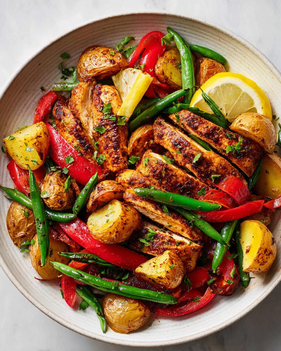 Sliced, seasoned chicken breast served with roasted potatoes, red peppers, and green beans for an Easy Summer Chicken Dinner.