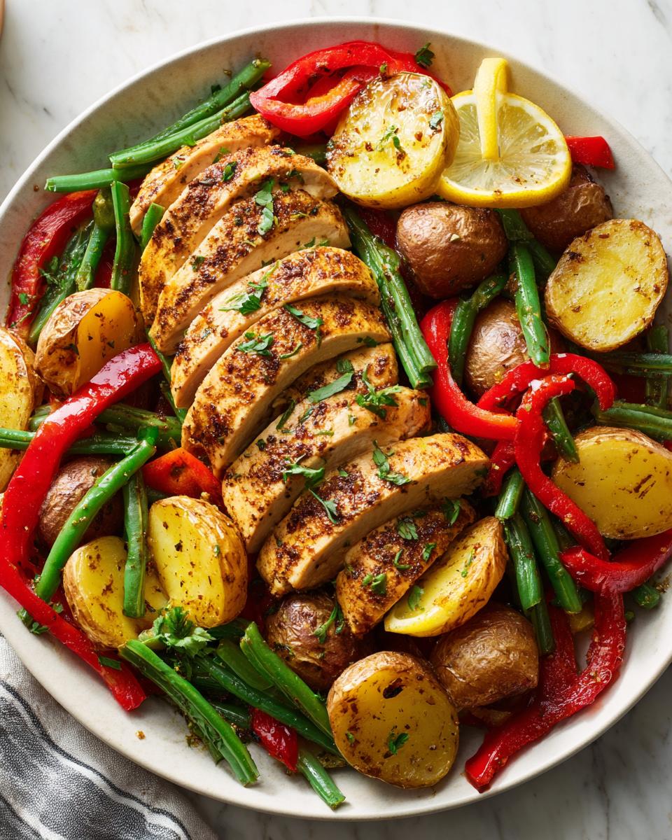 Sliced seasoned chicken breast served with roasted potatoes, green beans, and red peppers for an Easy Summer Chicken Dinner.