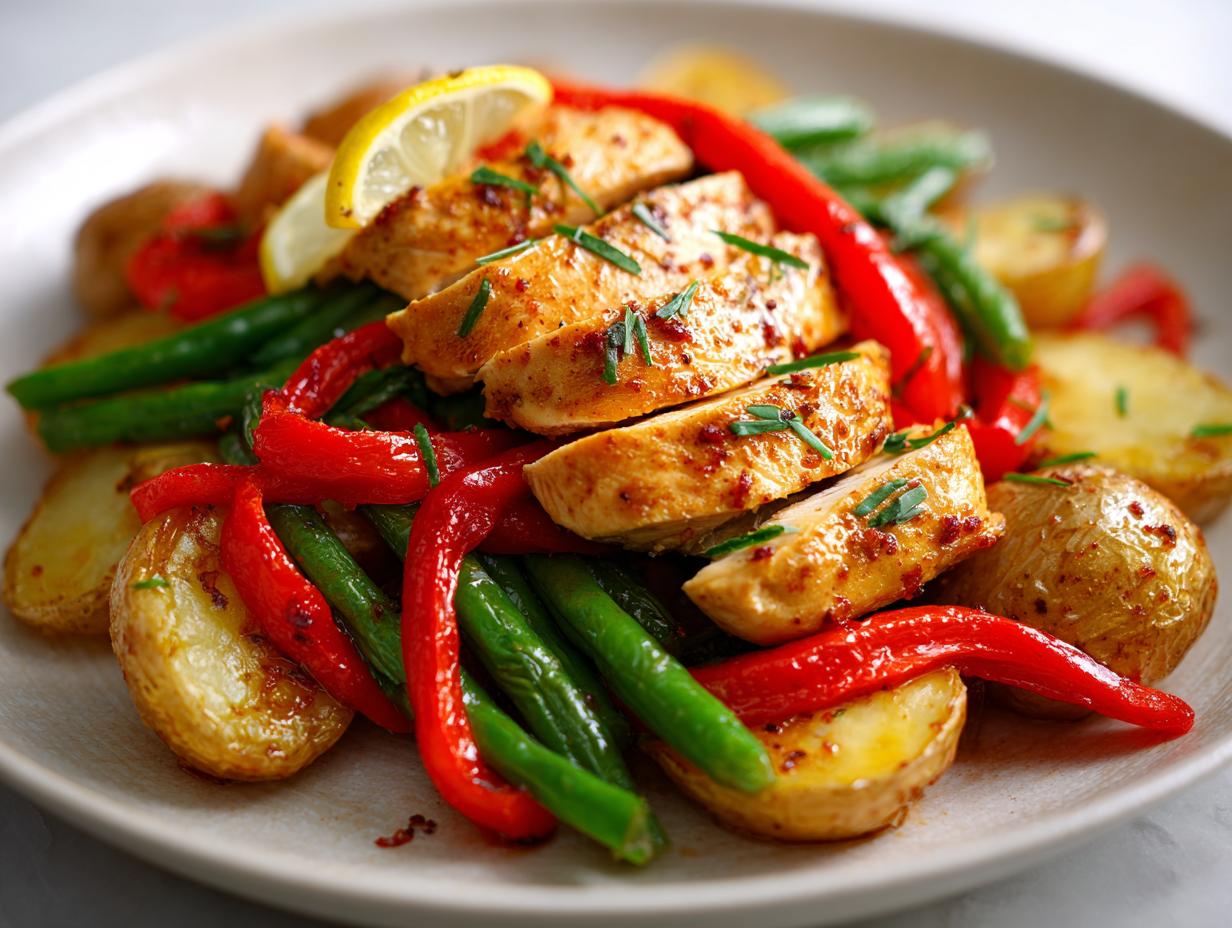 Sliced seasoned chicken breast served with roasted potatoes, red bell peppers, and green beans for an Easy Summer Chicken Dinner.