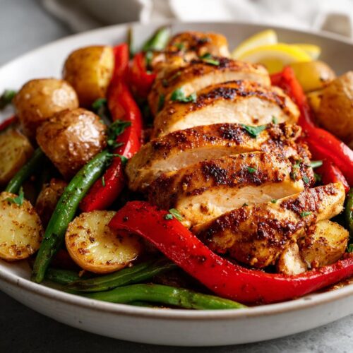 Close-up of sliced, seasoned chicken breast served over roasted potatoes, red peppers, and green beans for an Easy Summer Chicken Dinner.