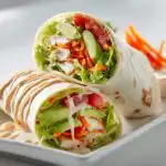 Two halves of an Easy Summer Chicken Wrap filled with chicken, lettuce, avocado, and carrots, drizzled with sauce.
