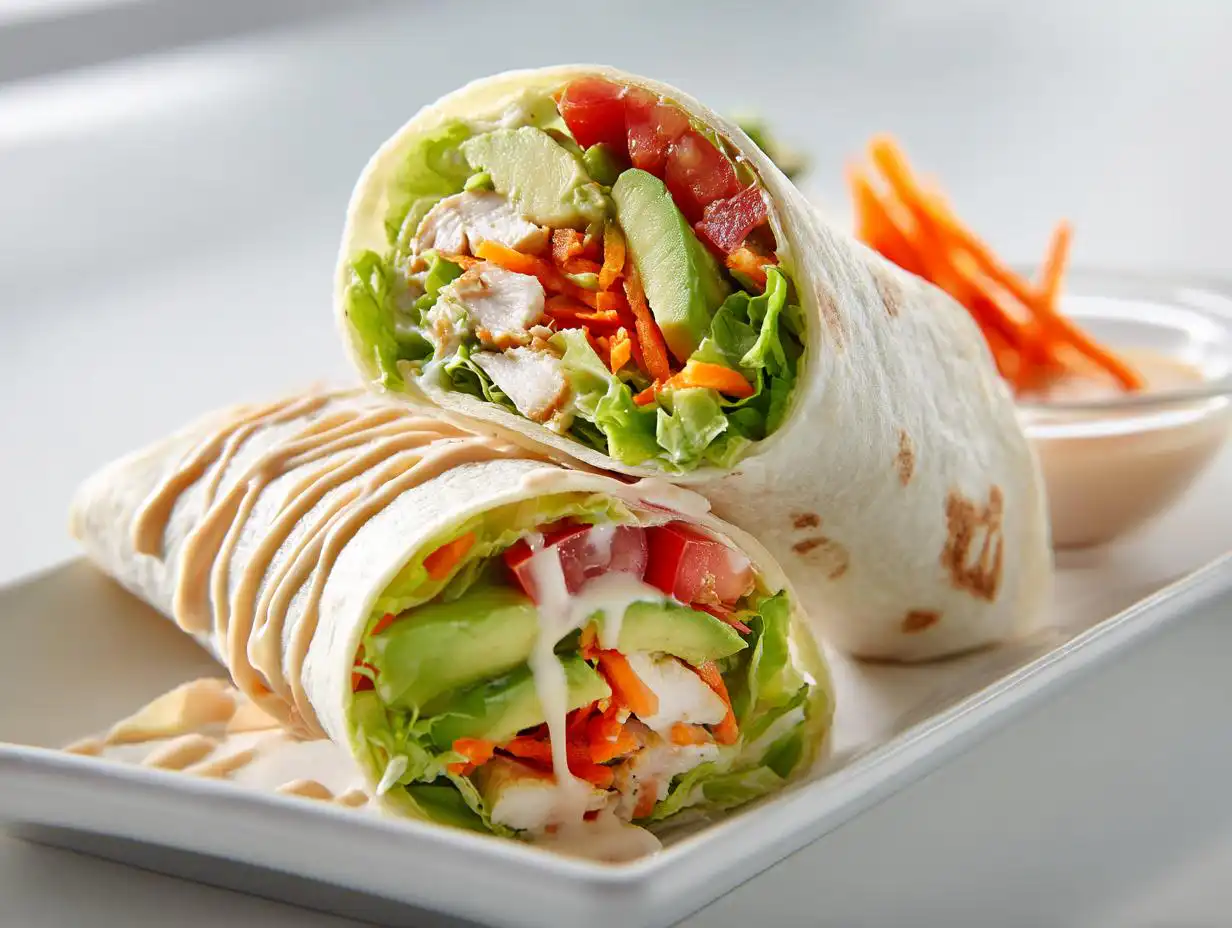 Two halves of an Easy Summer Chicken Wrap filled with chicken, lettuce, avocado, and carrots, drizzled with sauce.