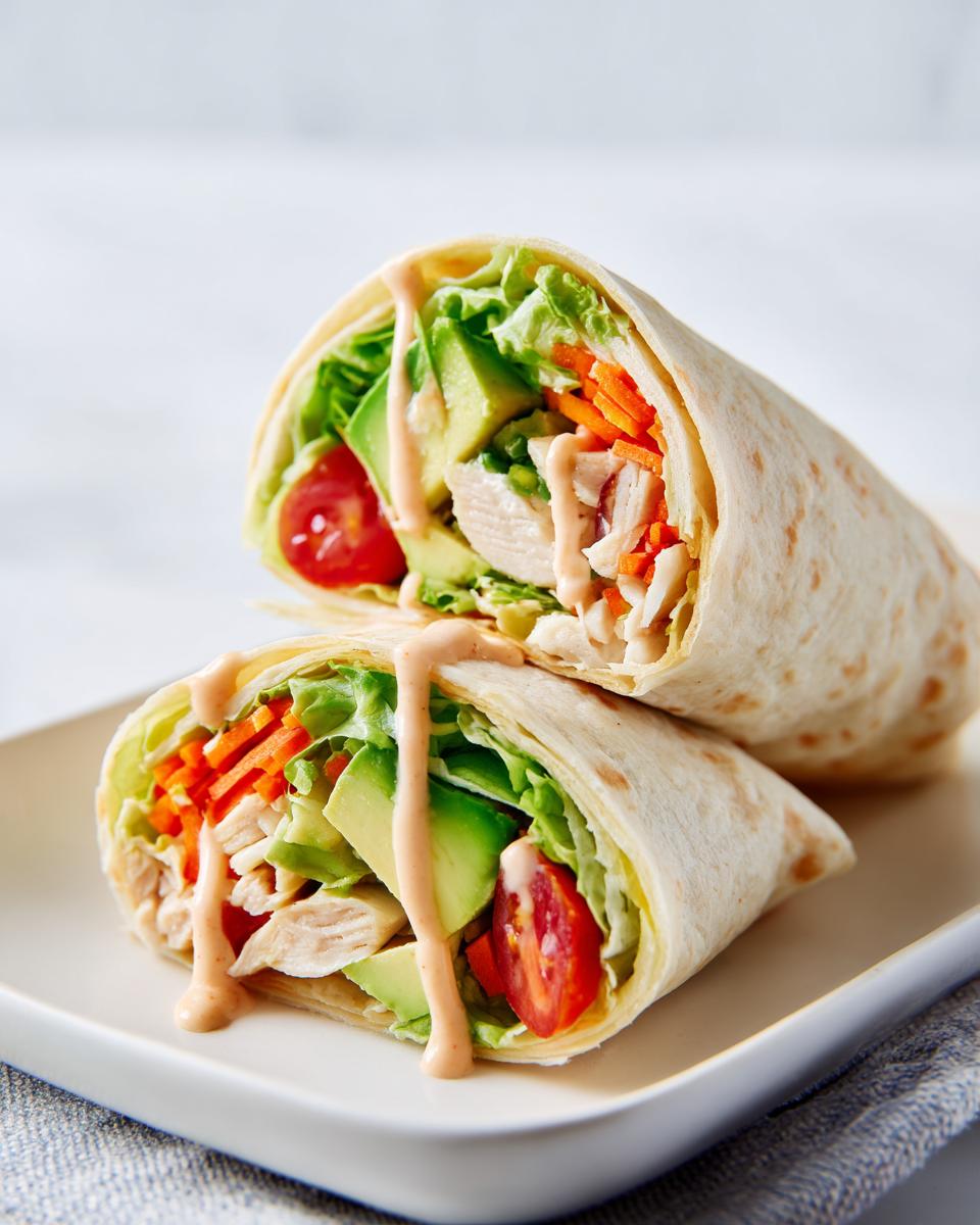 Two halves of an Easy Summer Chicken Wrap cut on a diagonal, showing chicken, avocado, lettuce, carrots, and creamy sauce.