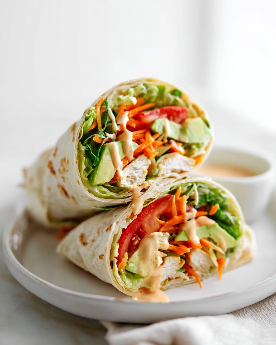 Two halves of an Easy Summer Chicken Wrap, filled with chicken, avocado, tomato, carrots, and drizzled with sauce.