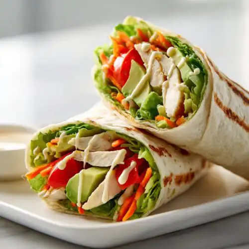 Two halves of an Easy Summer Chicken Wrap stacked, showing grilled chicken, avocado, tomato, carrots, and white dressing.