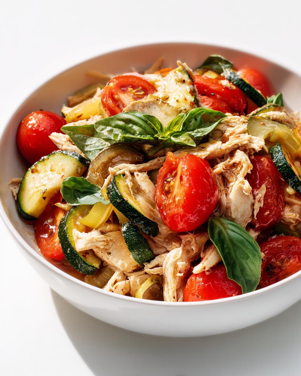 A bowl filled with shredded Easy Summer Crockpot Chicken, cherry tomatoes, zucchini slices, and fresh basil.