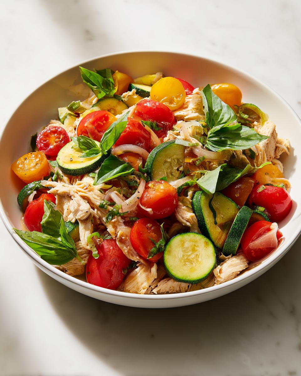 Shredded Easy Summer Crockpot Chicken mixed with cherry tomatoes, zucchini slices, and fresh basil.