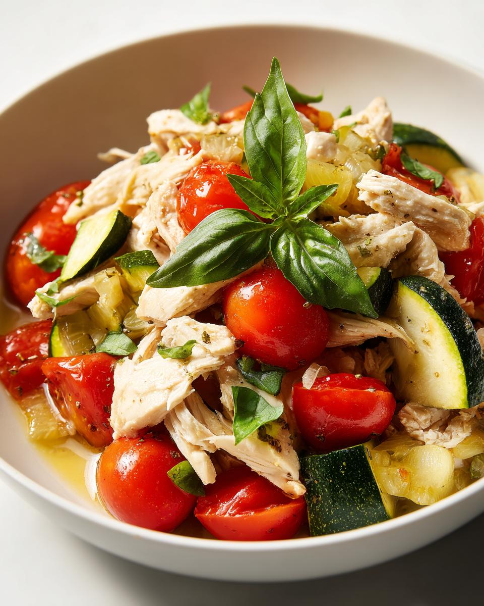 A bowl of shredded Easy Summer Crockpot Chicken mixed with bright red cherry tomatoes and zucchini slices, garnished with fresh basil.