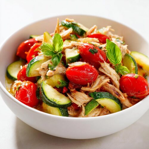 Close-up of shredded chicken mixed with bright red cherry tomatoes and sliced zucchini, garnished with basil, representing Easy Summer Crockpot Chicken.
