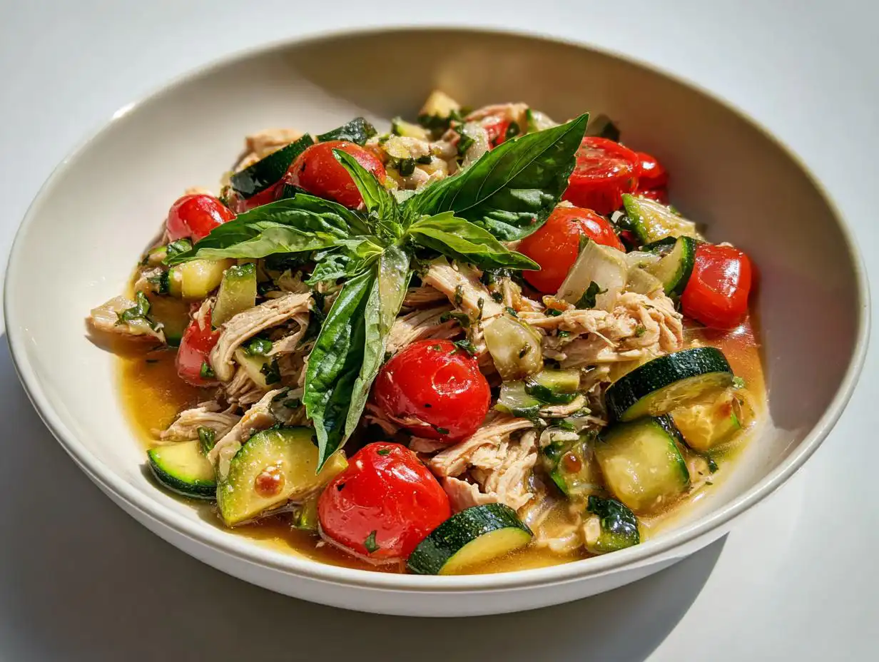 A bowl of Easy Summer Crockpot Chicken featuring shredded meat, cherry tomatoes, zucchini, and fresh basil garnish.