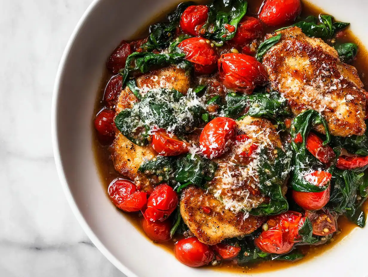 Close-up of pan-seared chicken breasts topped with roasted cherry tomatoes, wilted spinach, and grated Parmesan, perfect for Easy Summer Dinner Recipes Chicken.