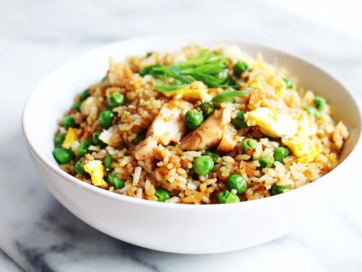 Close-up of a white bowl filled with Easy Summer Rice Dinner, featuring chicken, peas, and scrambled egg.