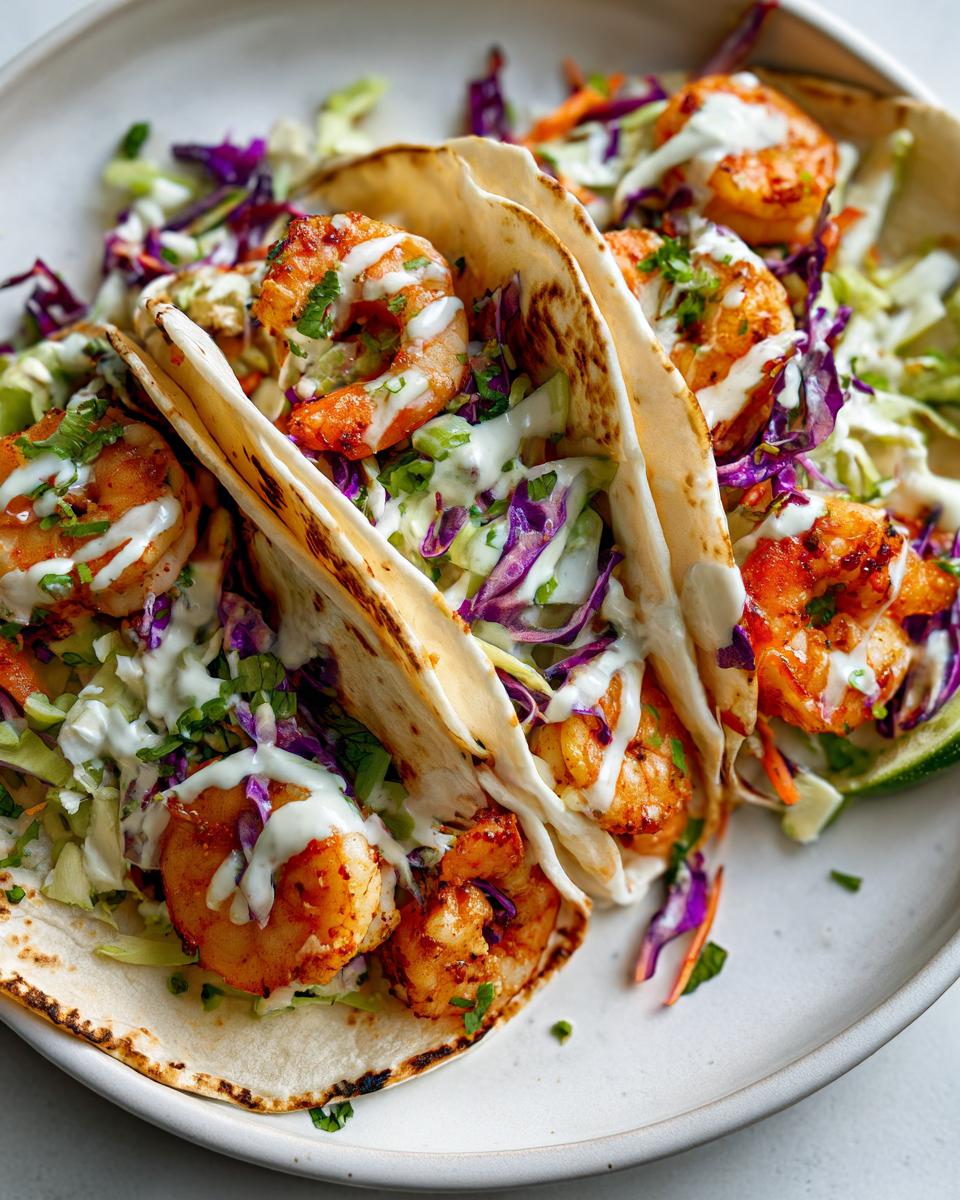 Three Easy Summer Shrimp Tacos filled with seasoned shrimp, purple and green slaw, and drizzled with white sauce.