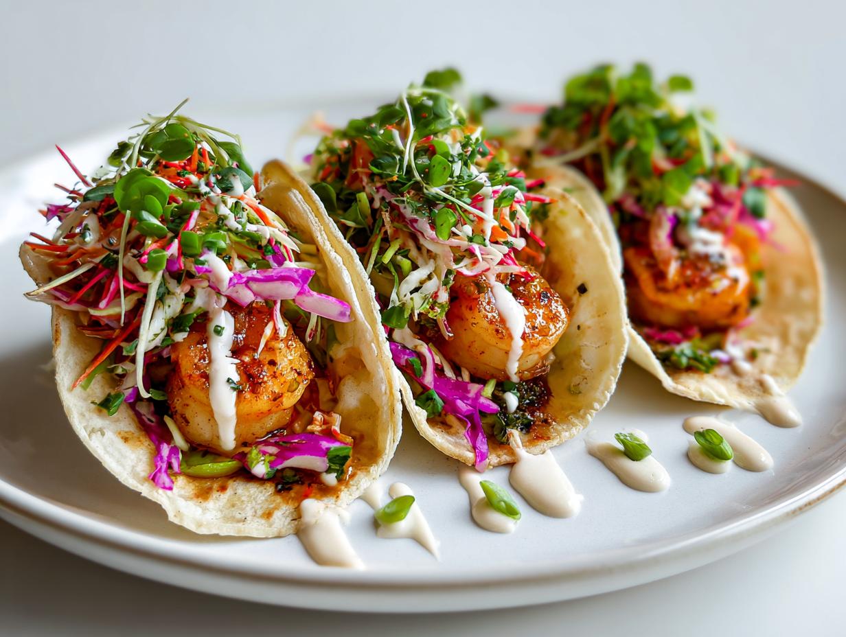 Three vibrant Easy Summer Shrimp Tacos filled with seasoned shrimp, colorful slaw, and drizzled with white sauce.