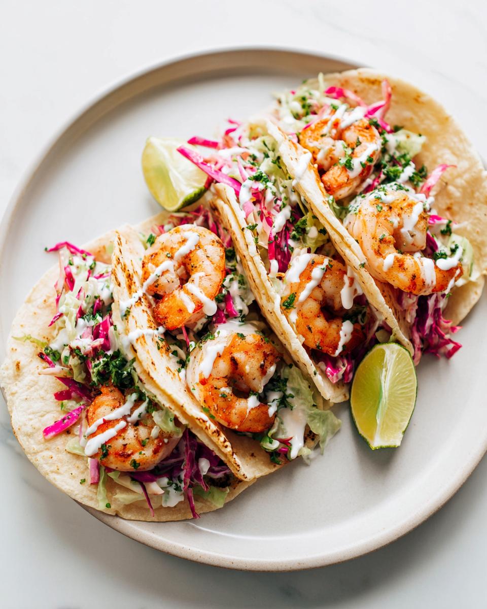 Three Easy Summer Shrimp Tacos filled with grilled shrimp, red cabbage slaw, and drizzled with white sauce, served with lime wedges.